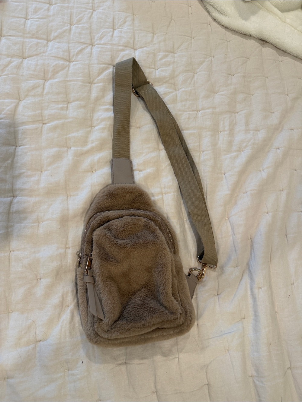 Plush Faux-Fur Mini Crossbody Sling Bag - Taupe
